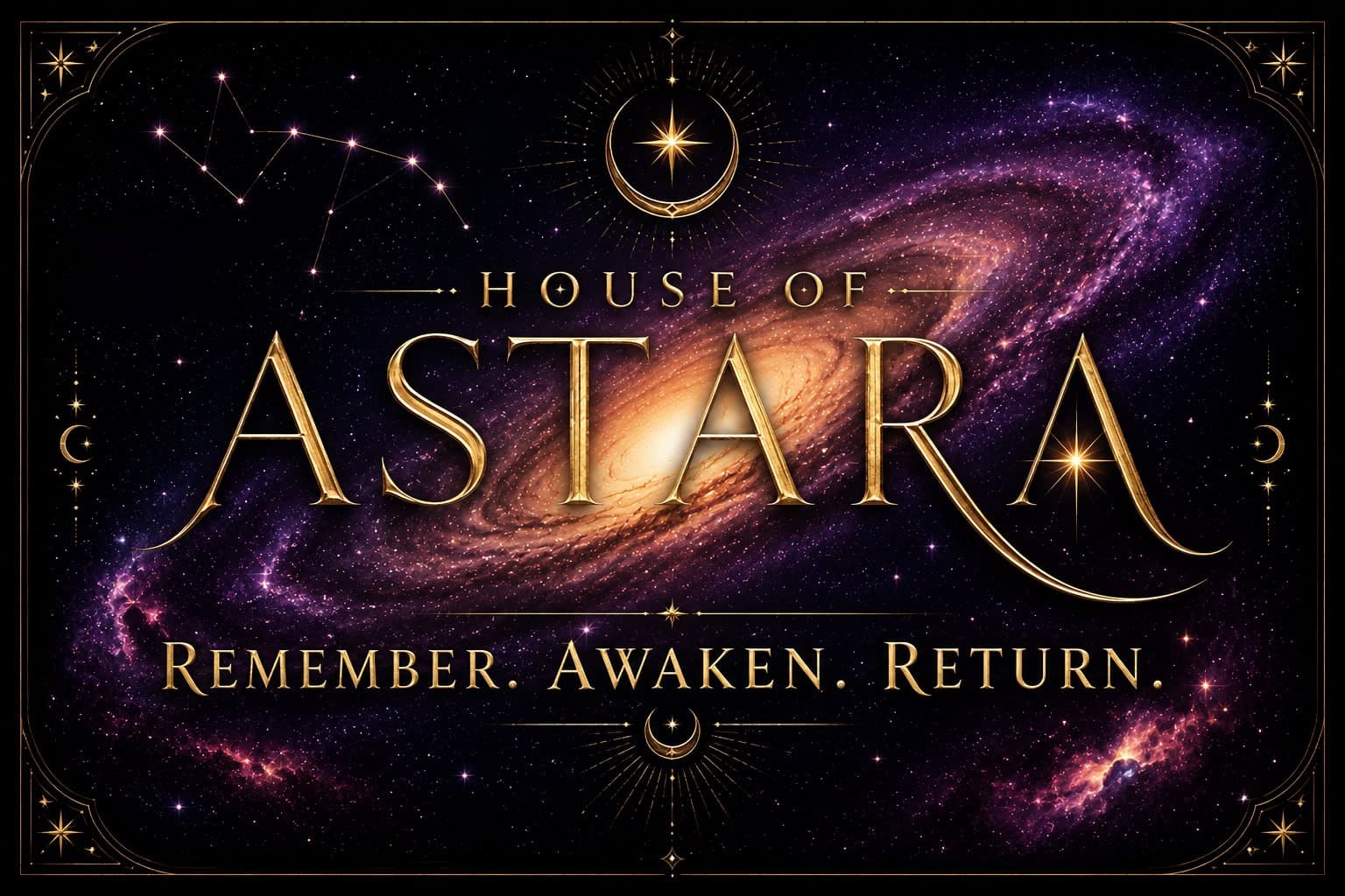 House of Astara celestial brand artwork with the words Remember, Awaken, Return